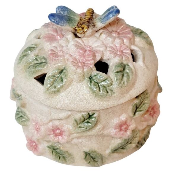 Vintage Potpourri Trinket Box Lidded Jewelry Box With Dragon Fly Floral - Picture 2 of 12